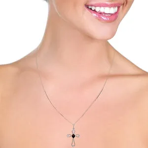 0.57 Carat 14K Solid White Gold Cross Necklace Natural Diamonds Garnet