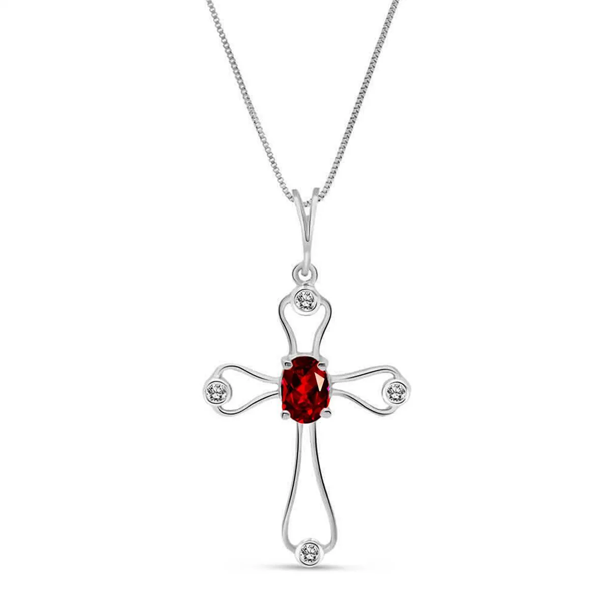 0.57 Carat 14K Solid White Gold Cross Necklace Natural Diamonds Garnet