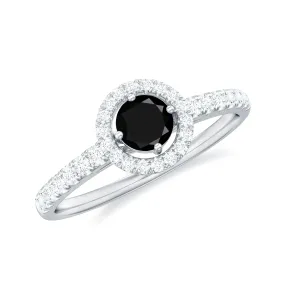 0.75 CT Black Spinel and Diamond Halo Engagement Ring