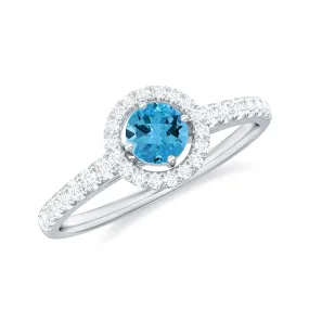 0.75 CT Swiss Blue Topaz and Diamond Halo Engagement Ring