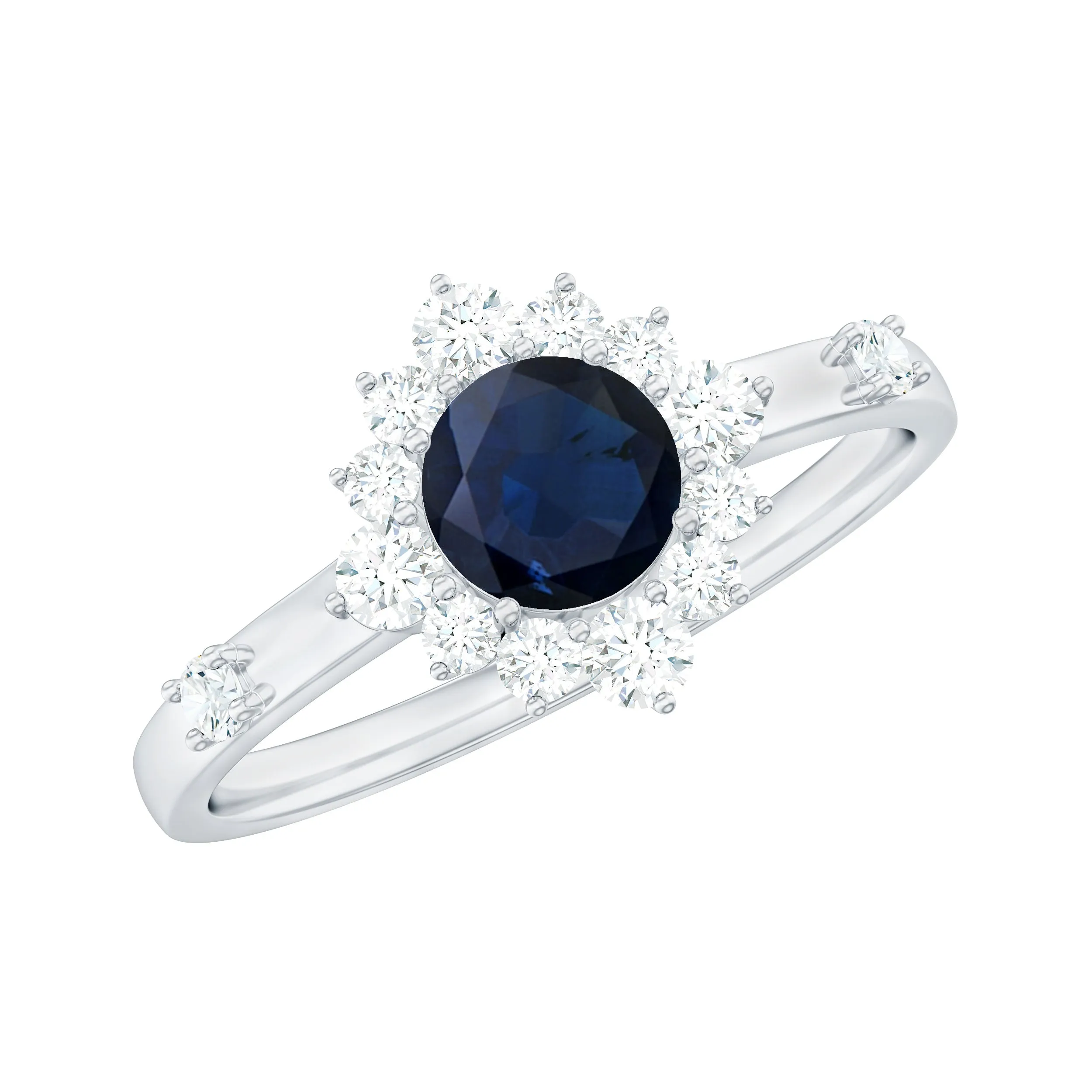 1 CT Blue Sapphire Classic Halo Engagement Ring with Diamond