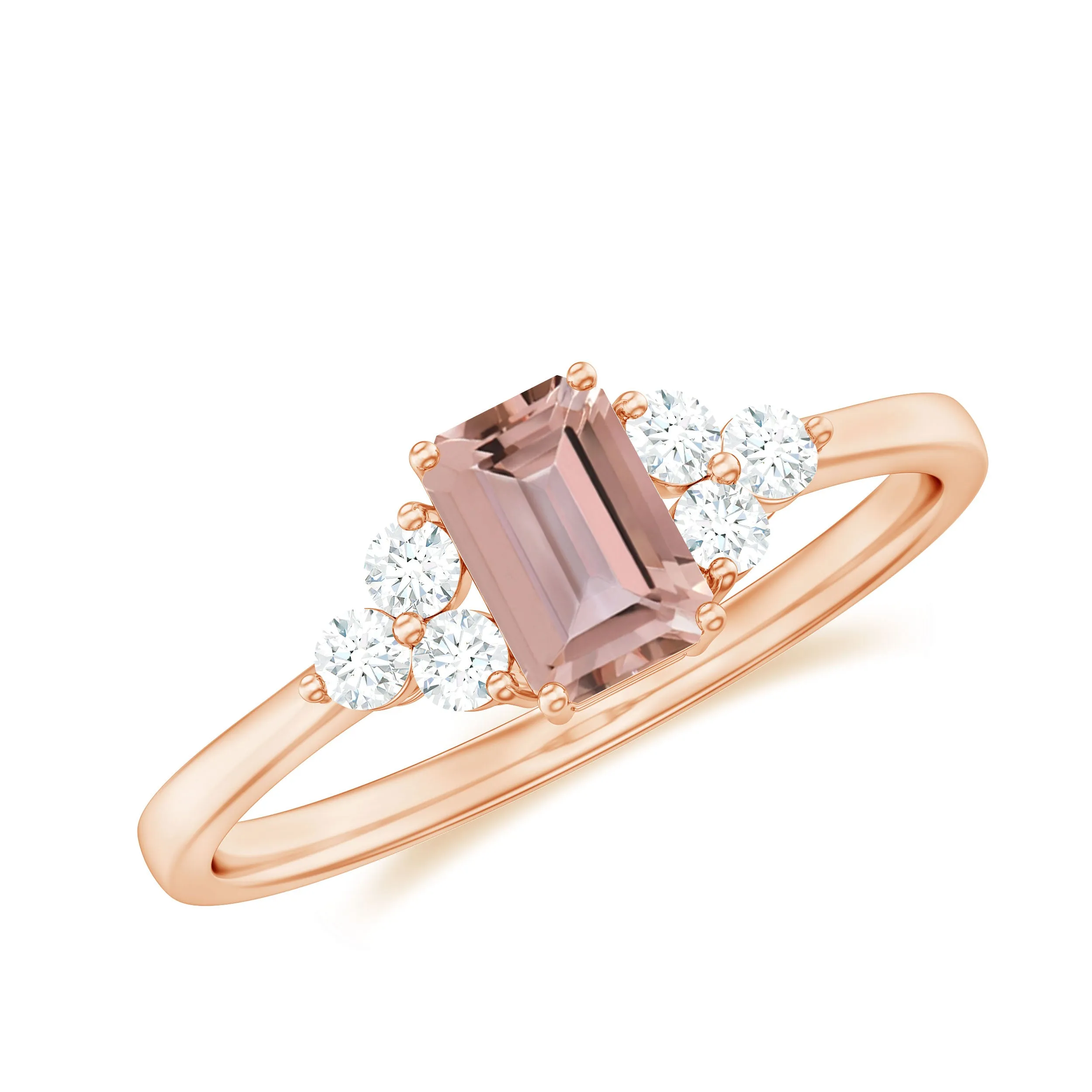 1 CT Emerald Cut Morganite Solitaire Ring with Diamond Trio