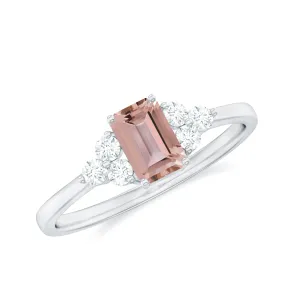 1 CT Emerald Cut Morganite Solitaire Ring with Diamond Trio