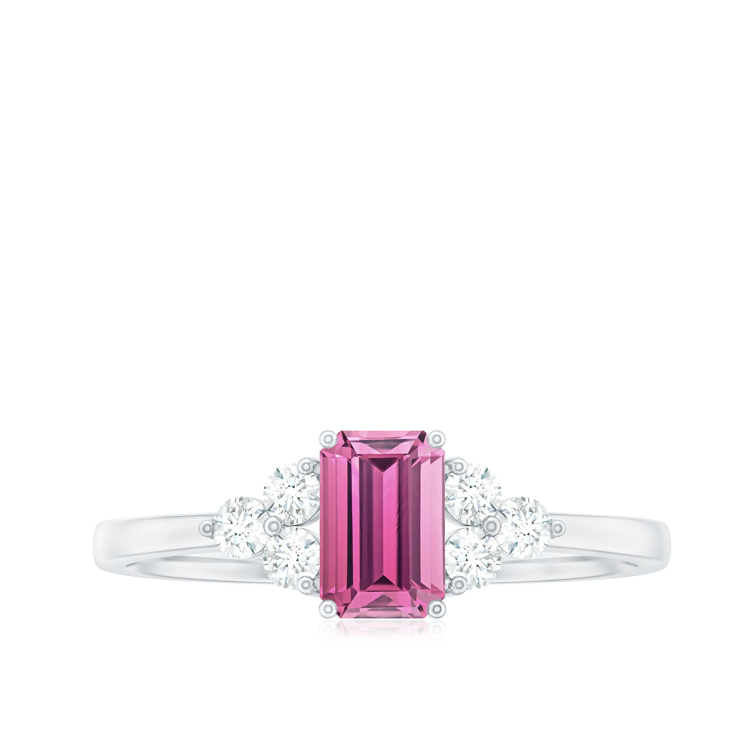 1 CT Octagon Cut Pink Tourmaline Solitaire Ring with Diamond Trio