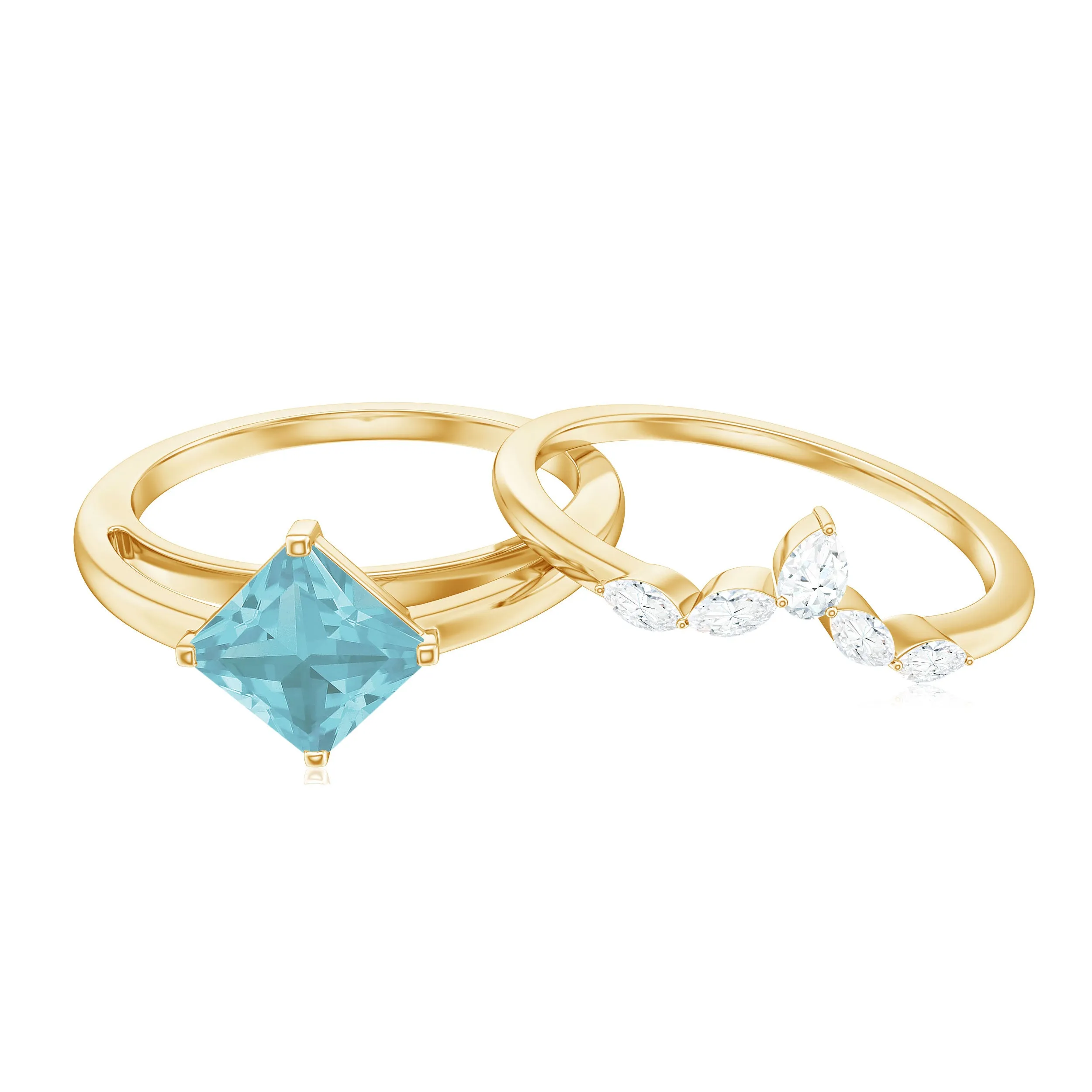 1 CT Princess Cut Sky Blue Topaz and Diamond Solitaire Ring Set