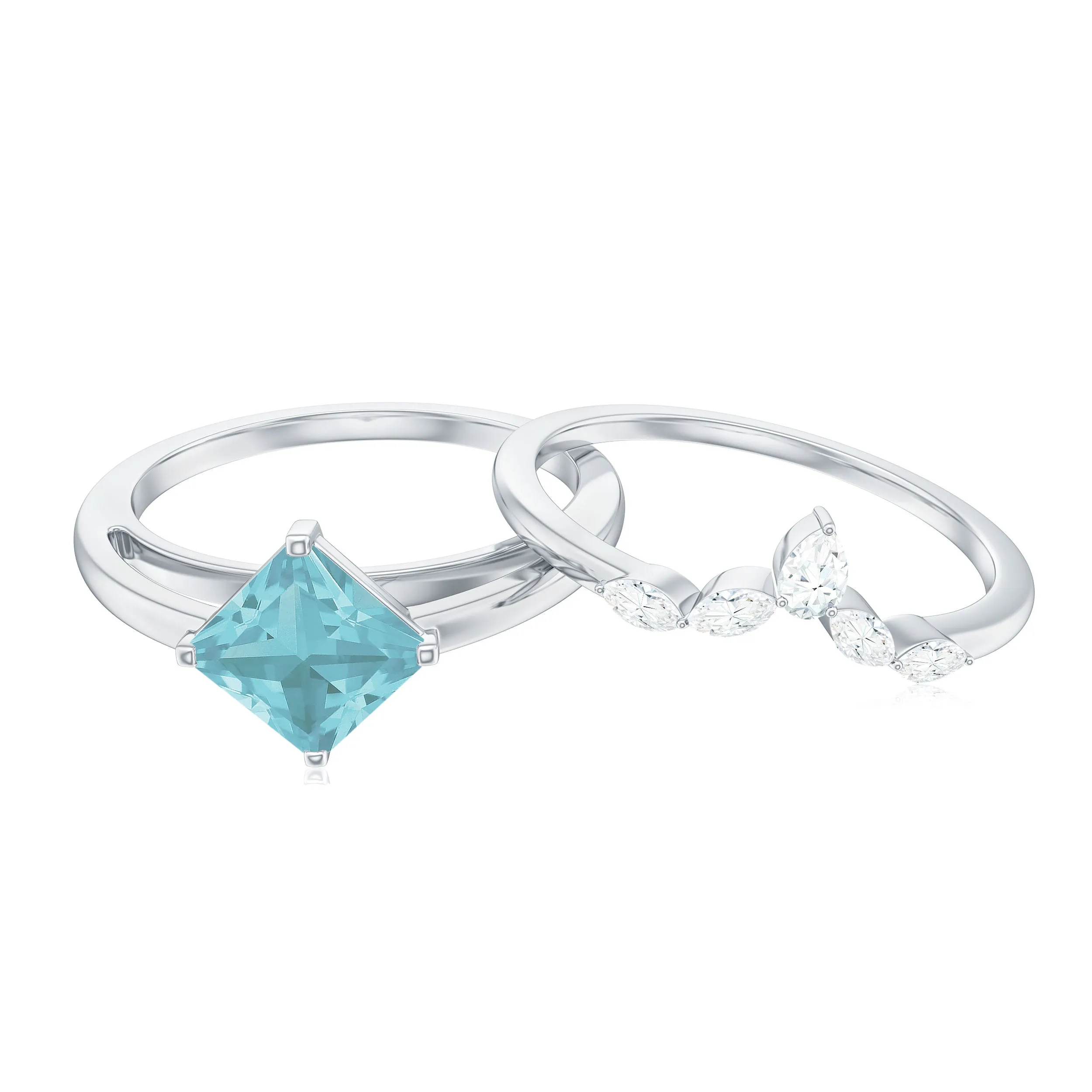 1 CT Princess Cut Sky Blue Topaz and Diamond Solitaire Ring Set