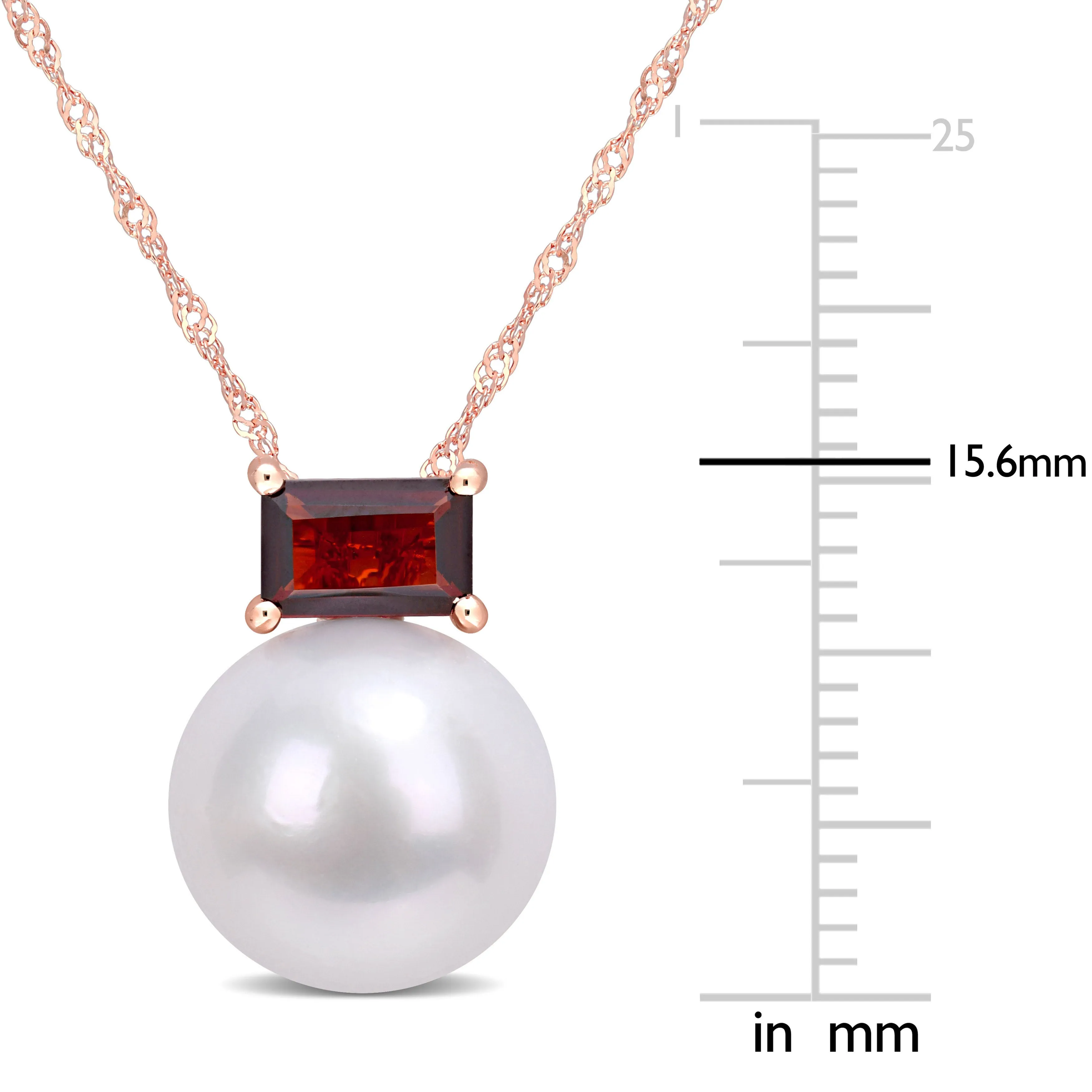 11-12mm Cultured Freshwater Pearl and 3/4 CT TGW Baguette Garnet Stud Pendant with Chain in 10k Rose Gold