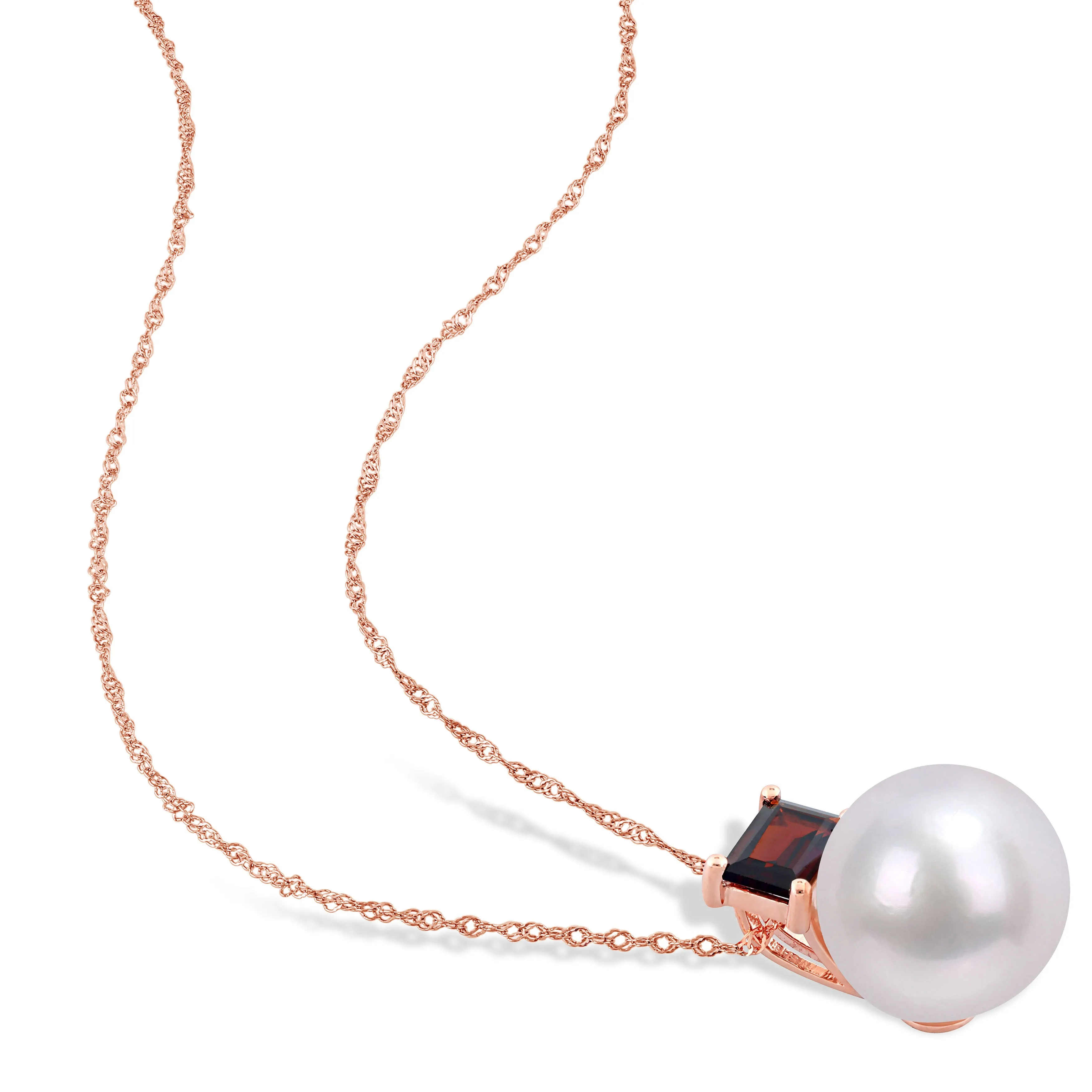 11-12mm Cultured Freshwater Pearl and 3/4 CT TGW Baguette Garnet Stud Pendant with Chain in 10k Rose Gold