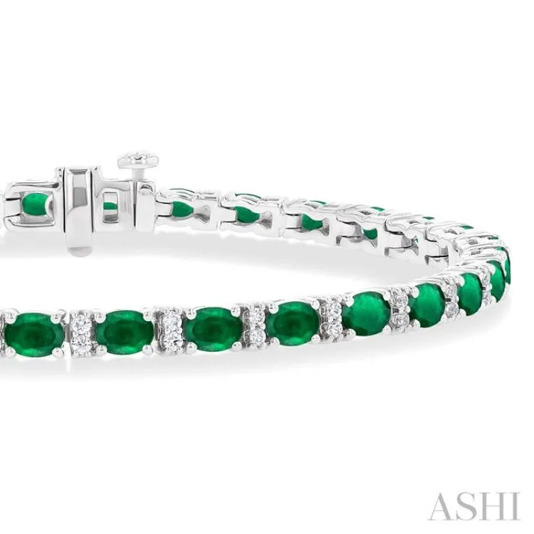 1/3 ctw Oval Cut 4X3 MM Emerald and Round Cut Diamond Precious Bracelet in 14K White Gold