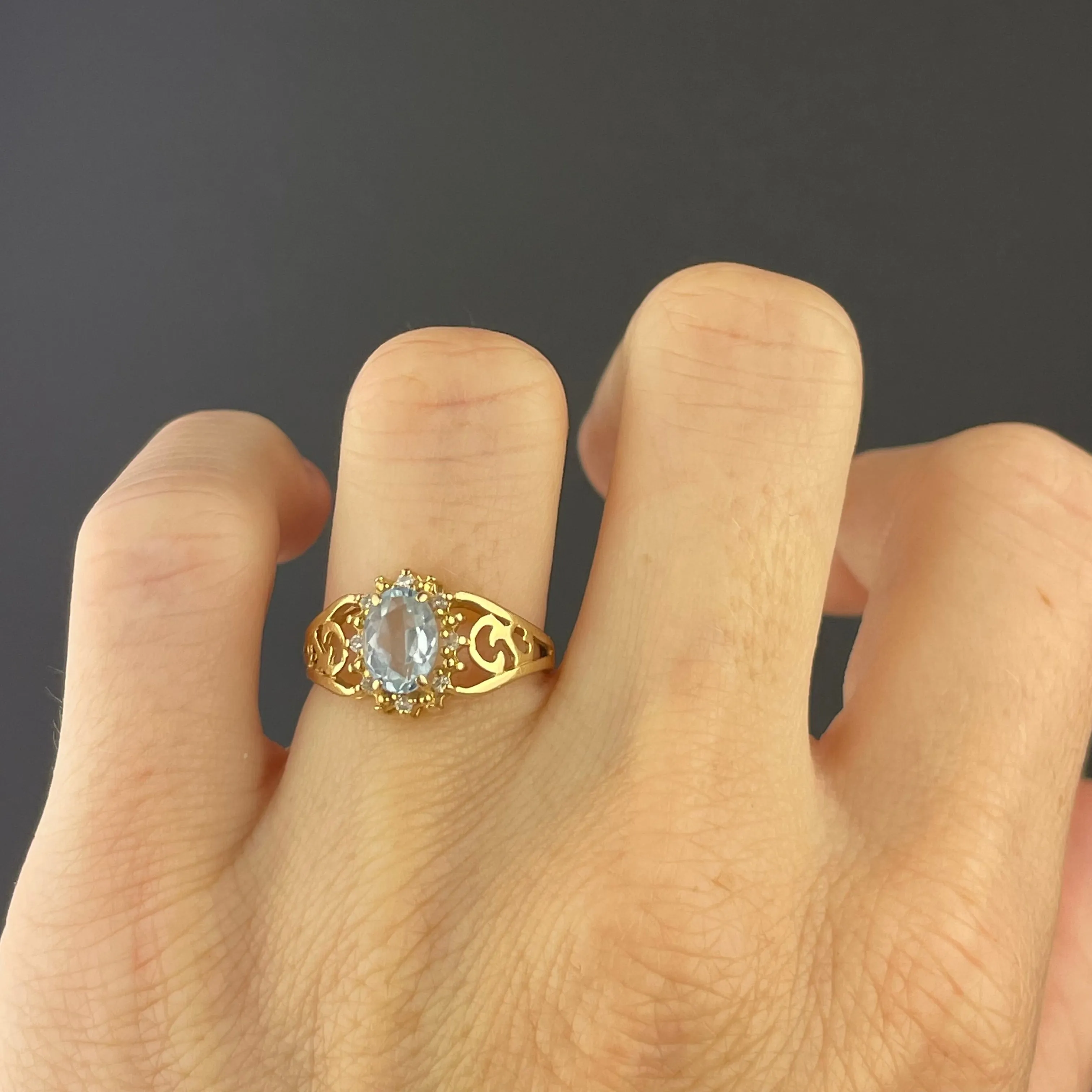 14K Gold Aquamarine Diamond Halo Ring, Sz 4.75