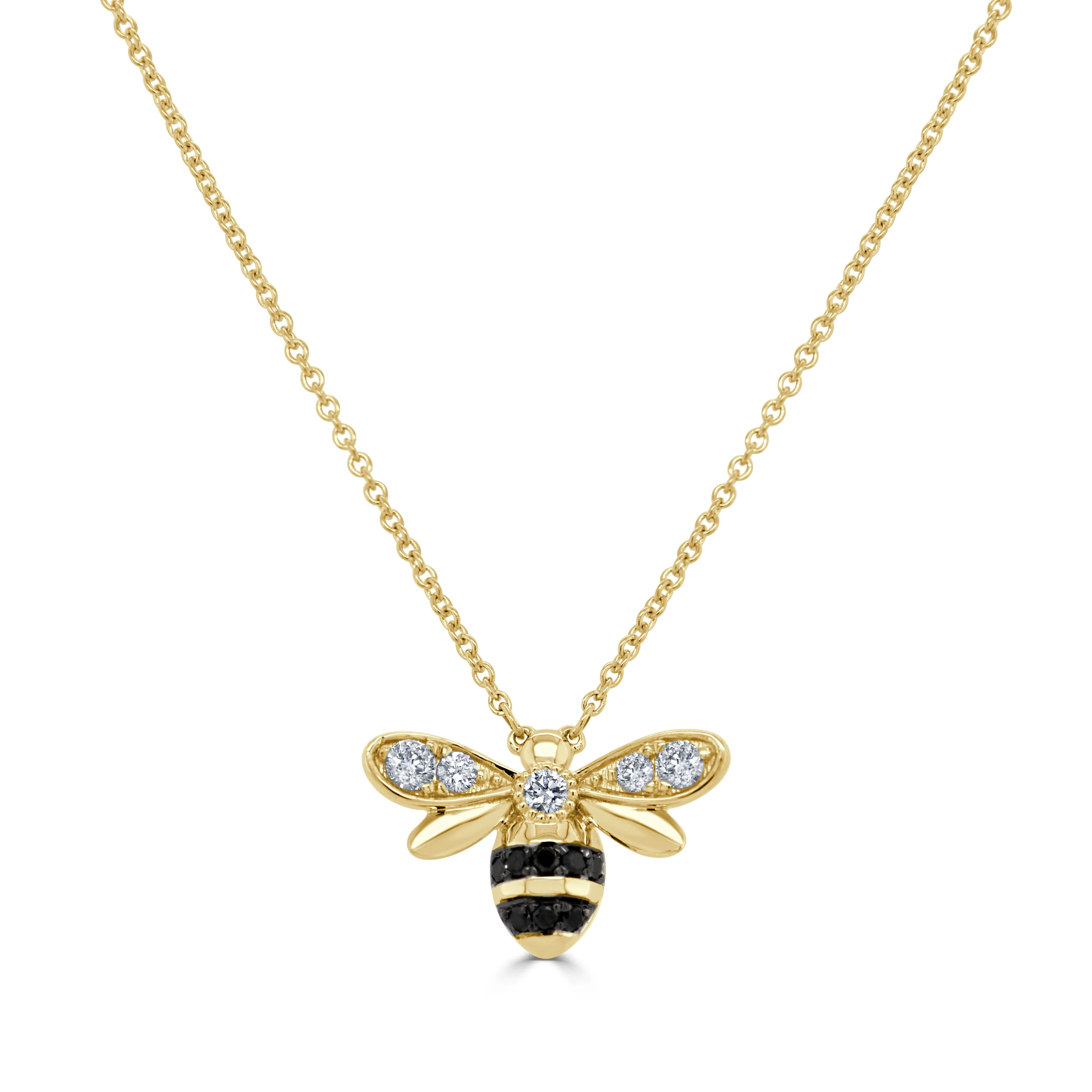 14K Gold Black & White Diamond Bumble Bee Necklace - 0.45ct