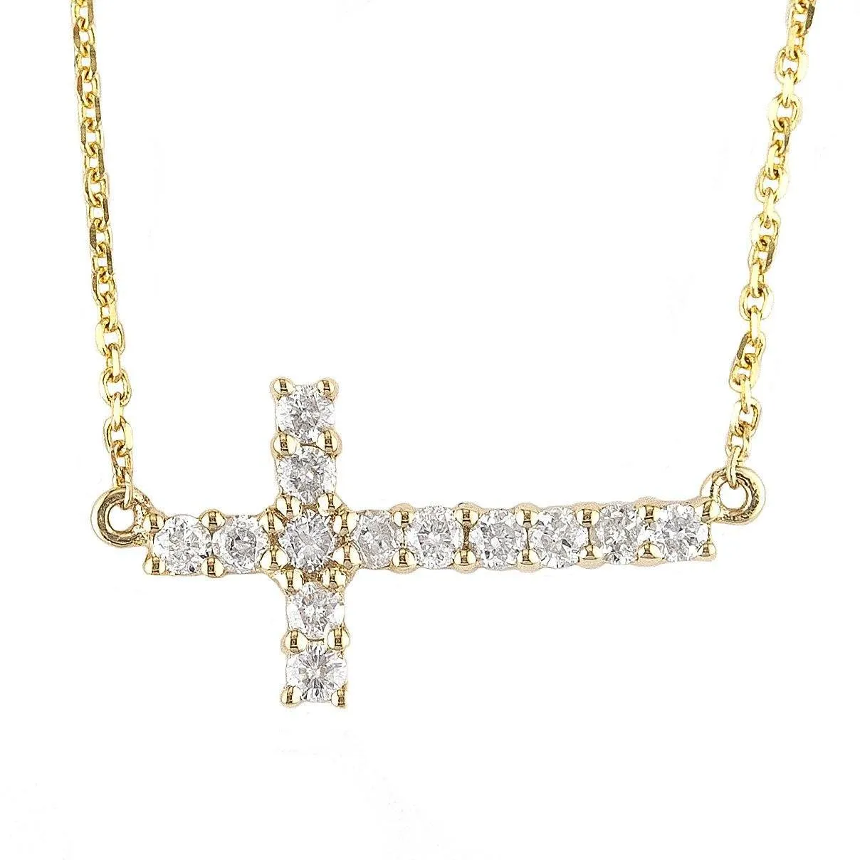 14K Gold Sideways Cross Necklace With Diamonds