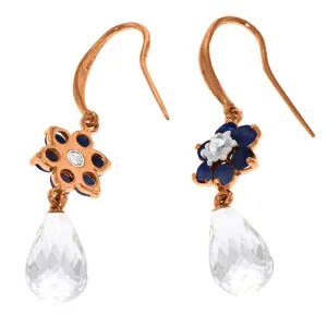 14K Solid Rose Gold Hook Earrings w/ Diamonds, Sapphires & Rose Topaz