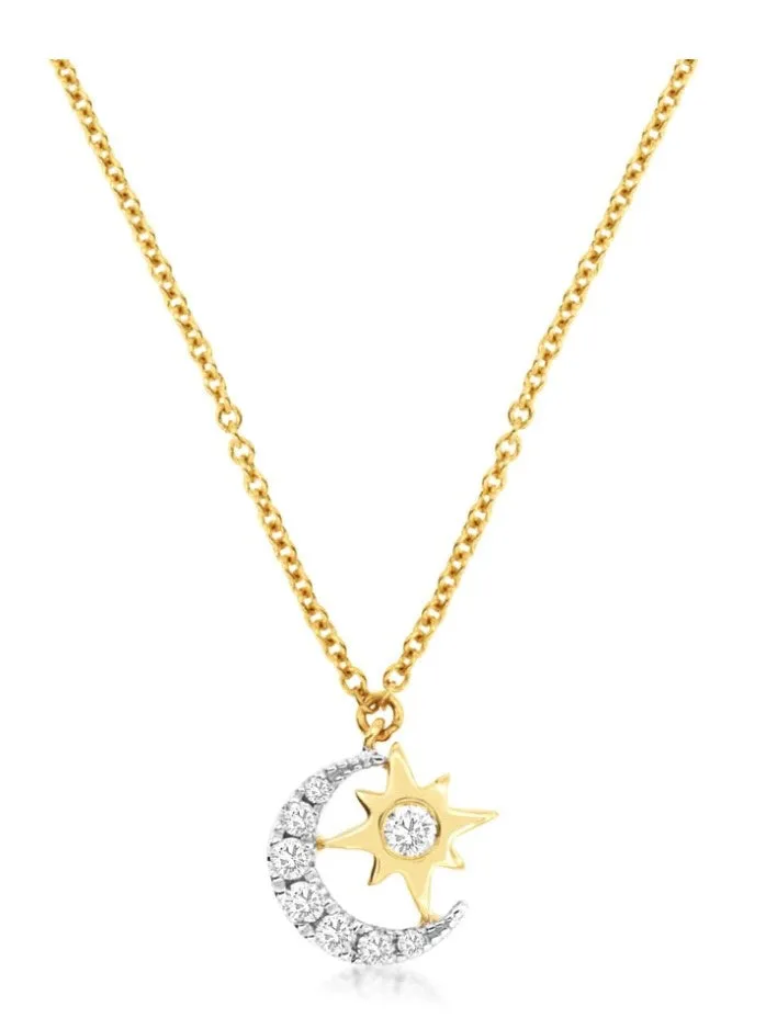 14k white and yellow gold moon and star diamond accent necklace