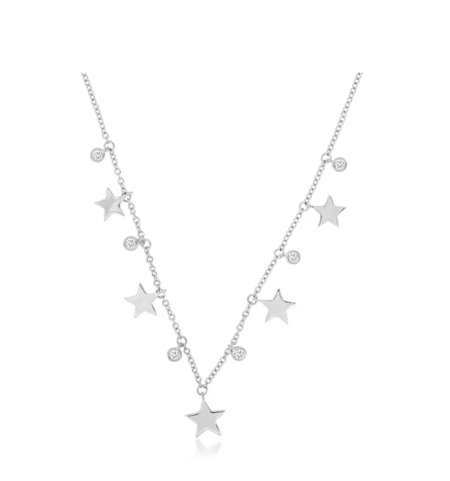 14k white gold alternating stars and diamonds necklace