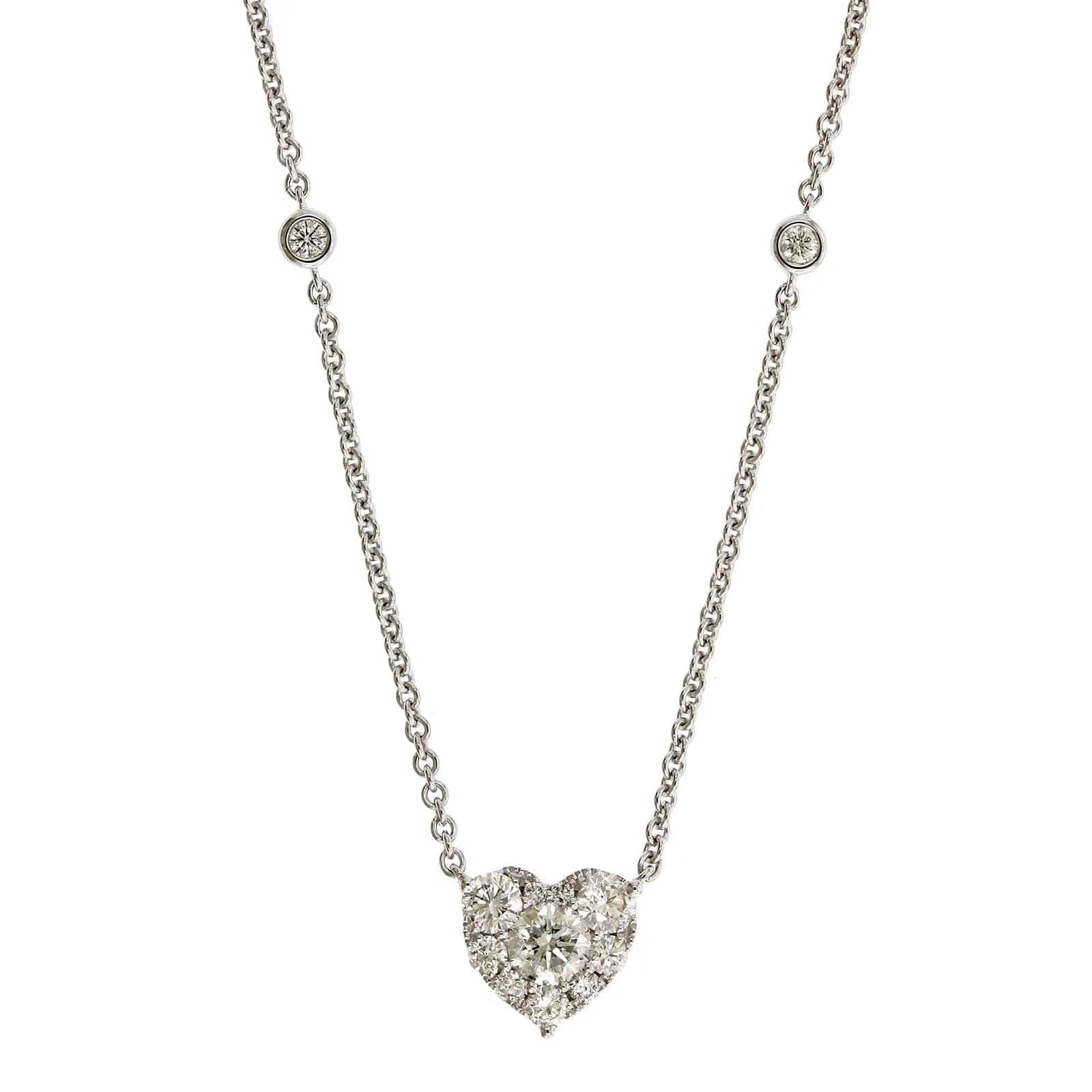 14K White Gold Diamond Cluster Heart Shaped Necklace