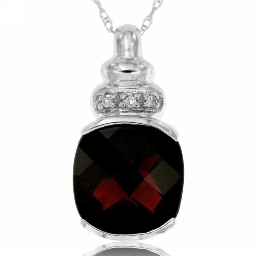 14k White Gold Garnet and Diamond Gemstone Birthstone Pendant, 18" Chain.