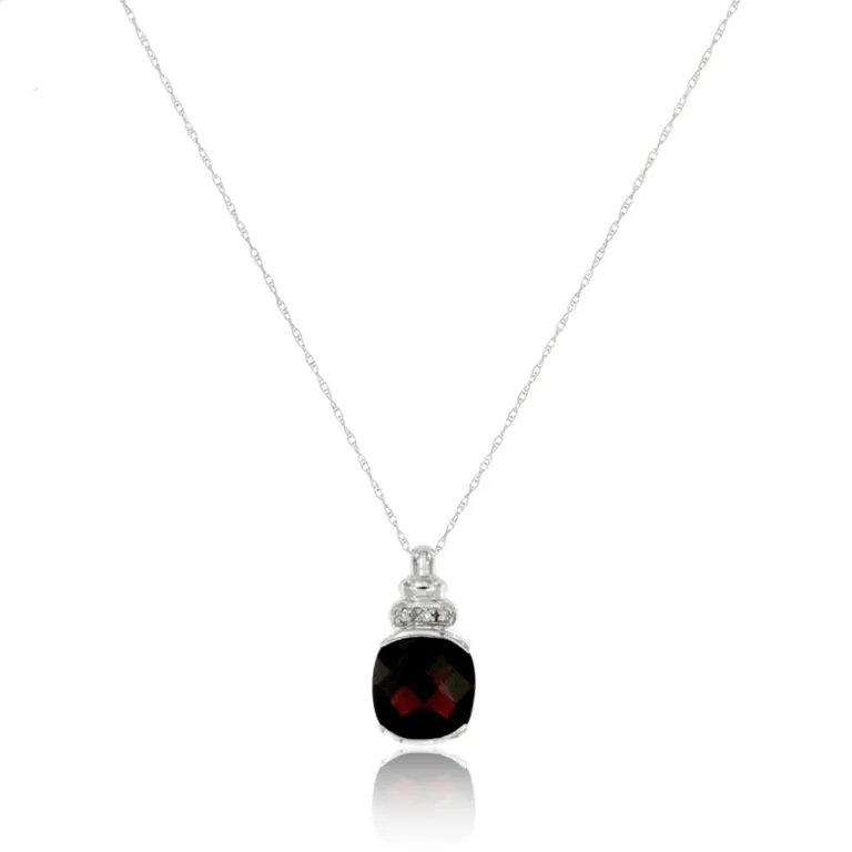 14k White Gold Garnet and Diamond Gemstone Birthstone Pendant, 18" Chain.