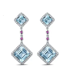 14K White Gold Lovely Drop Earrings 7.52ct Natural Sky Blue Topaz Diamonds Pink Ruby Engagement Earrings