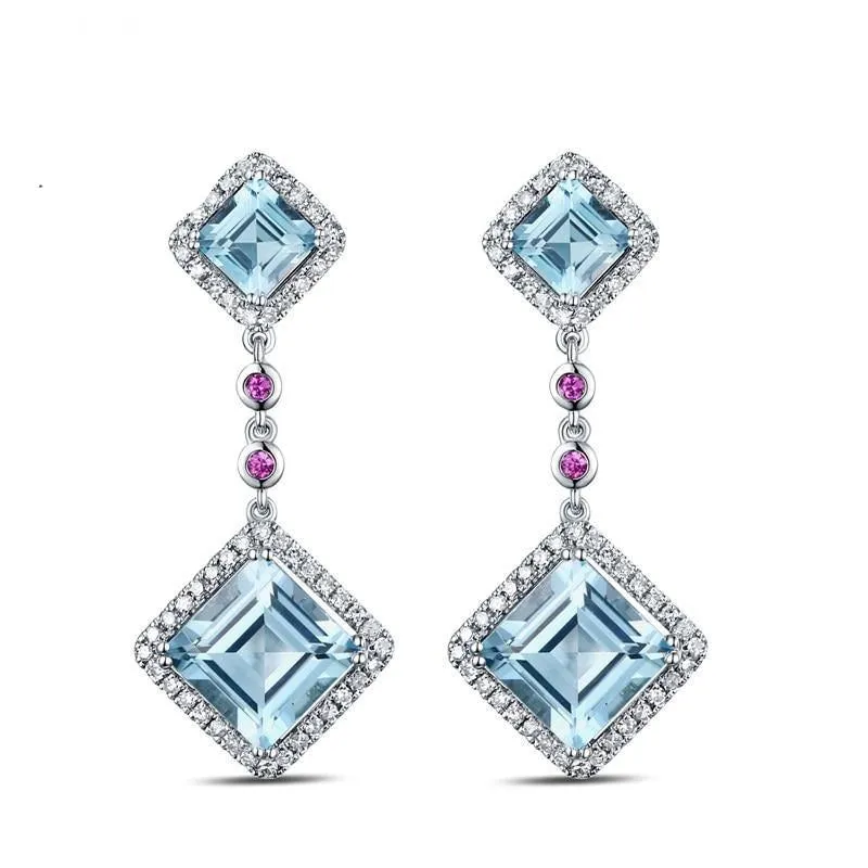 14K White Gold Lovely Drop Earrings 7.52ct Natural Sky Blue Topaz Diamonds Pink Ruby Engagement Earrings