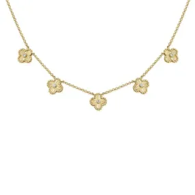 14k Yellow Gold 0.15Ct Diamond Clover Station Necklace with 5 diamonds