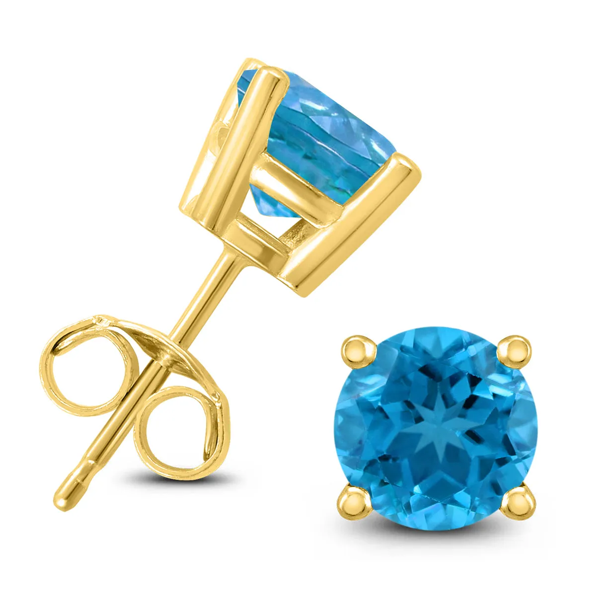 14K Yellow Gold 7Mm Round Blue Topaz Earrings