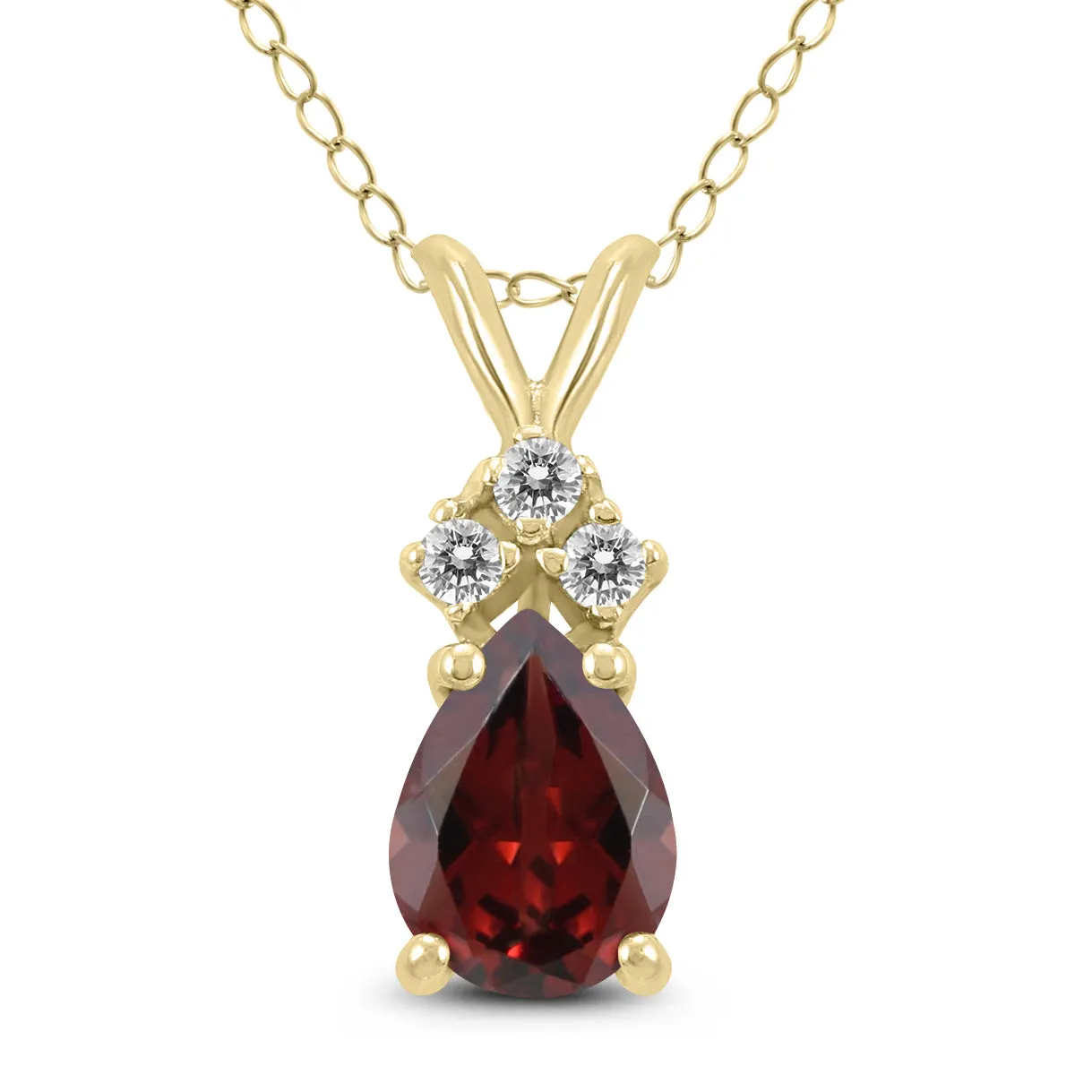 14K Yellow Gold 8X6Mm Pear Garnet And Three Stone Diamond Pendant