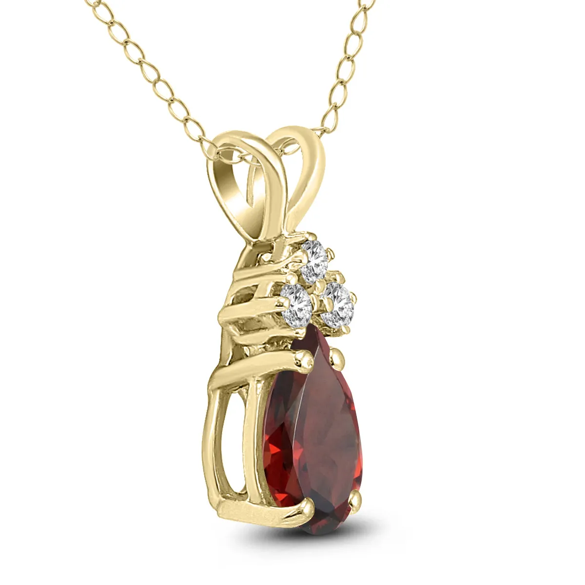 14K Yellow Gold 8X6Mm Pear Garnet And Three Stone Diamond Pendant