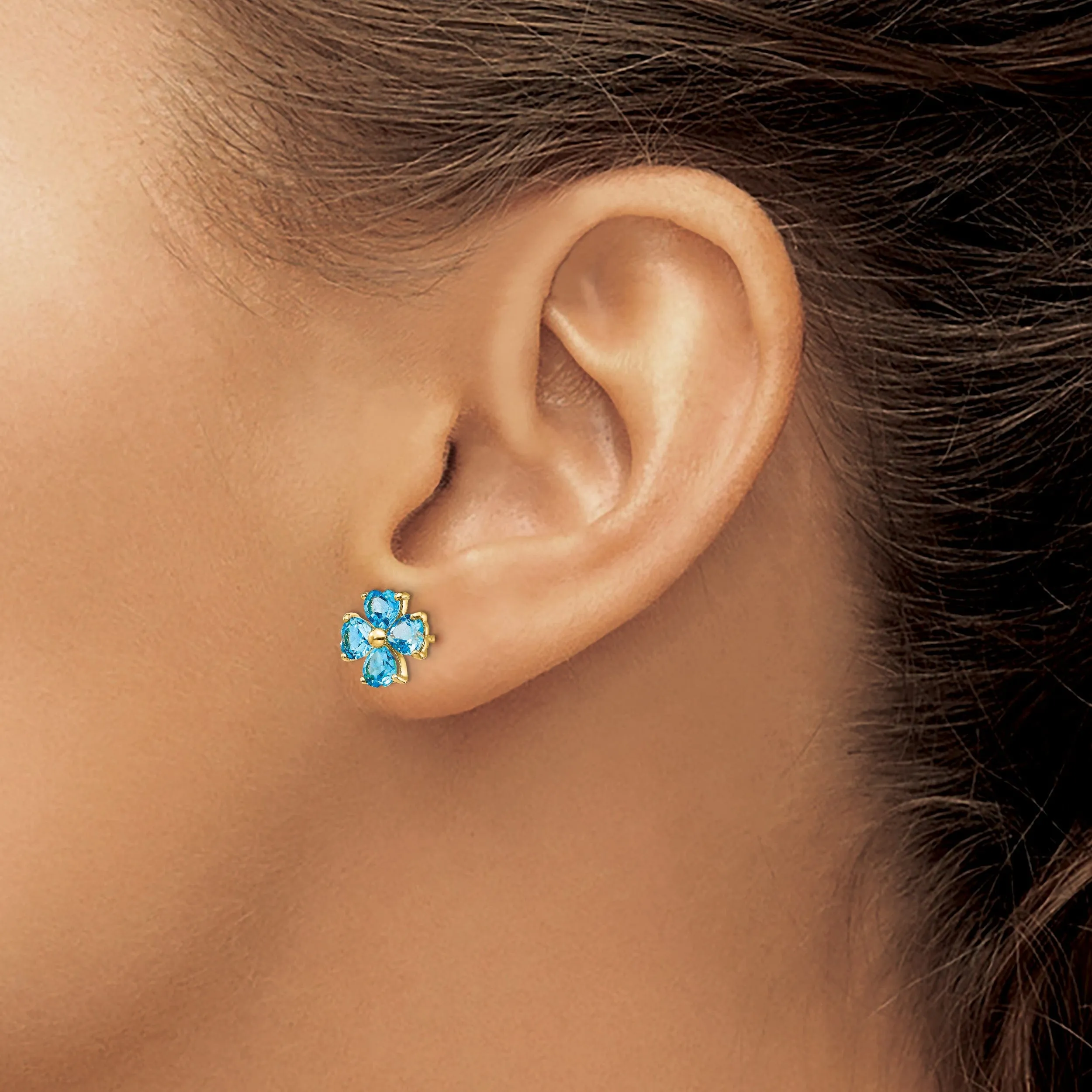 14k Yellow Gold Blue Topaz Flower Post Earrings