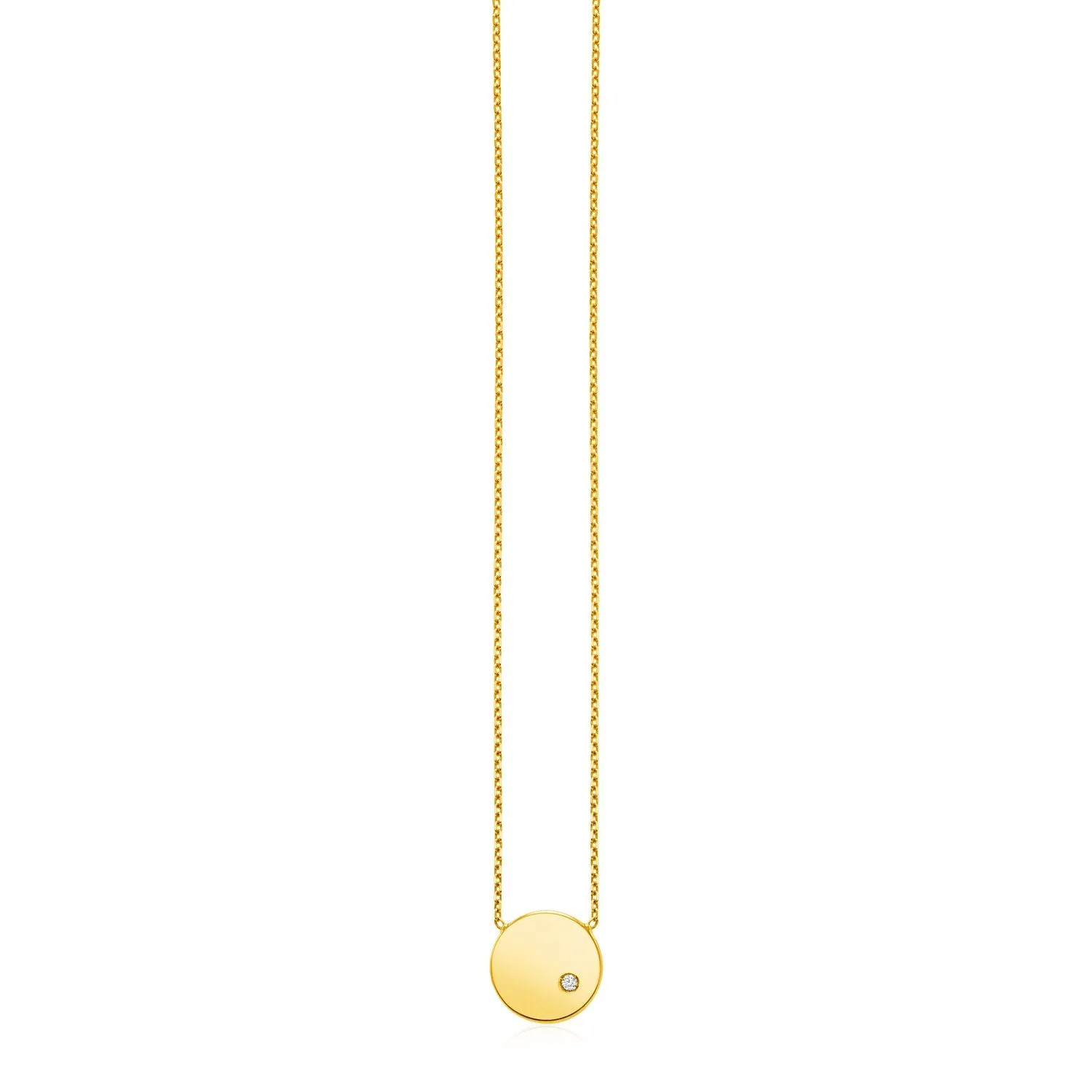 14k Yellow Gold Necklace with Polished Round Pendant with Diamond