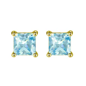 14k Yellow Gold Plated 2 Carat Square Created Blue Topaz Sapphire Stud Earrings