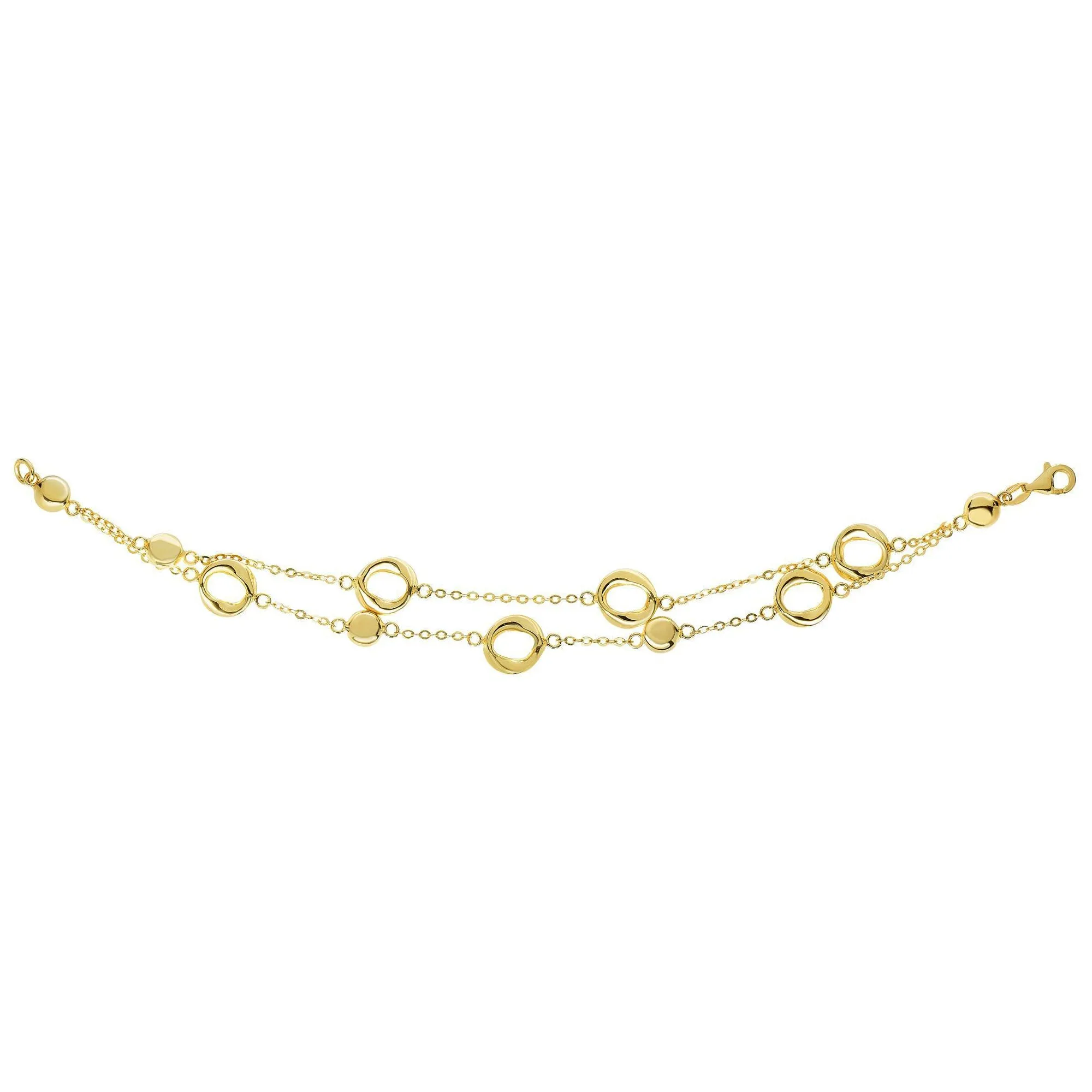 14k Yellow Gold Round Puff Charms On Double Strand Piatto Bracelet, 7.25"