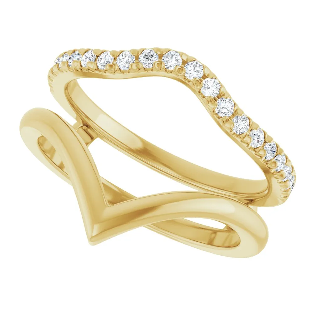 14K Yellow Natural Diamond Accented V-Shaped Ring Guard Wedding Band