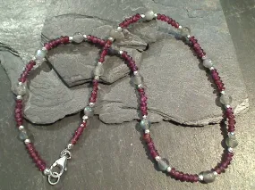 15" Garnet, Labradorite, Sterling Silver Necklace