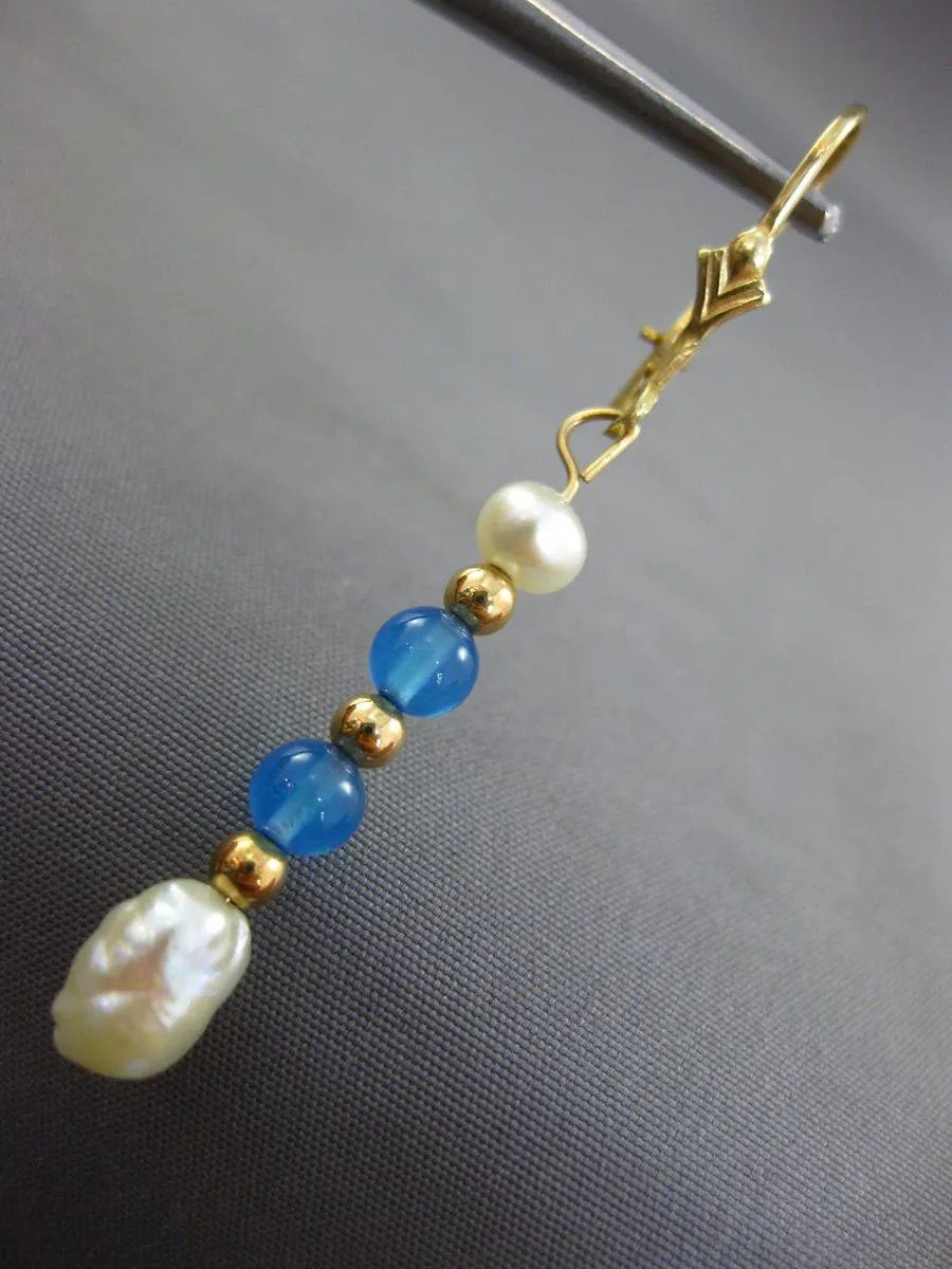 1.80CT AAA BLUE TOPAZ & SOUTH SEA PEARL 14KT YELLOW GOLD HANGING EARRINGS #27057