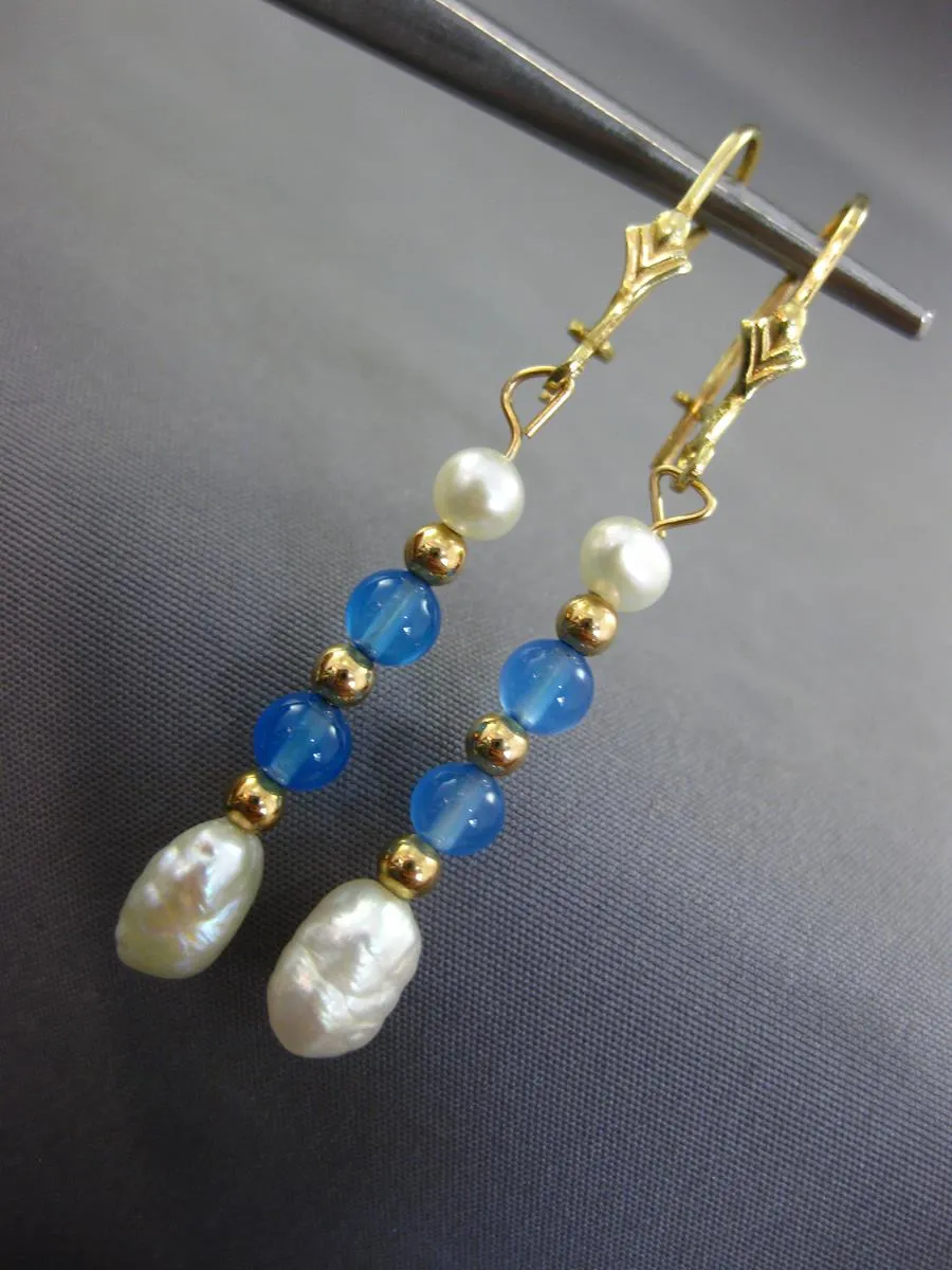 1.80CT AAA BLUE TOPAZ & SOUTH SEA PEARL 14KT YELLOW GOLD HANGING EARRINGS #27057