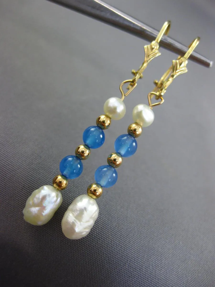 1.80CT AAA BLUE TOPAZ & SOUTH SEA PEARL 14KT YELLOW GOLD HANGING EARRINGS #27057