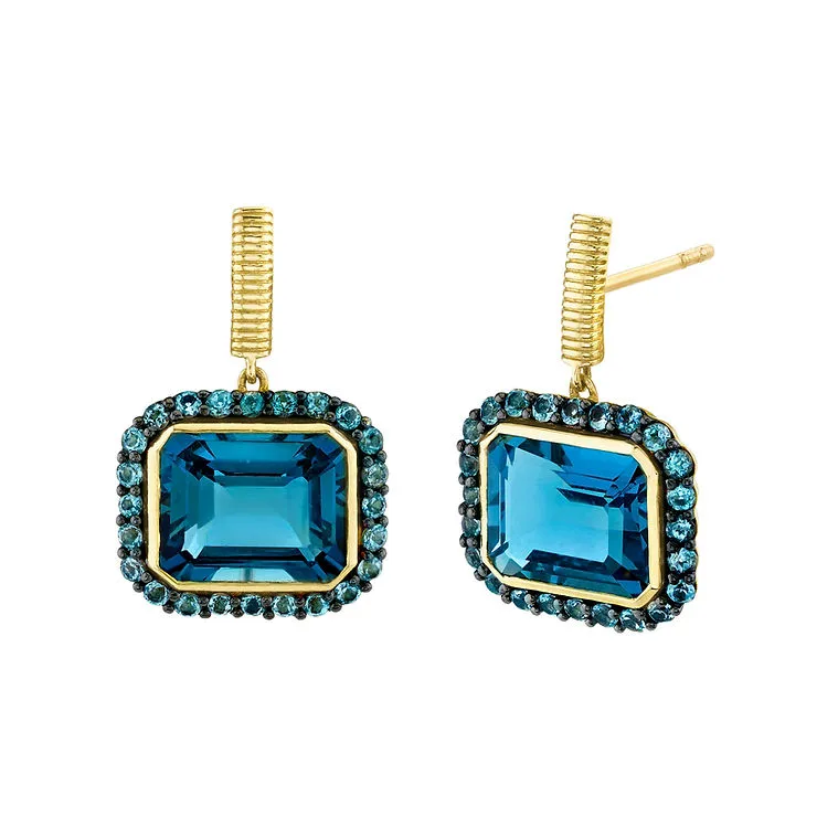 18K Gold Strie Drop Earrings with Treated Blue Diamonds and Topaz