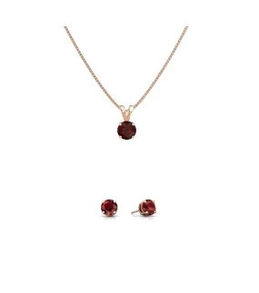 18K Rose Gold 2ct Garnet Round 18 Inch Necklace and Earrings Set Plated