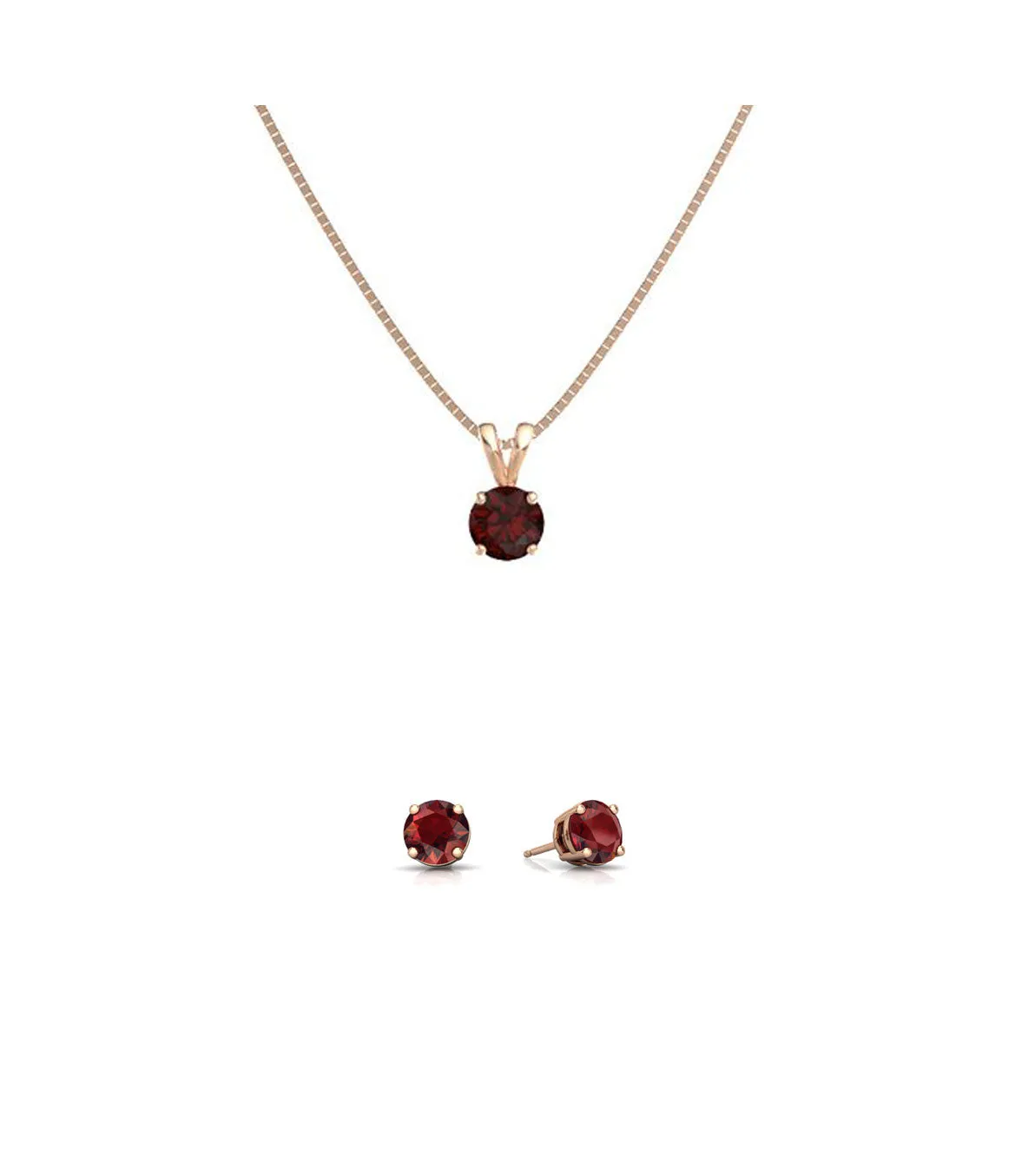 18K Rose Gold 3ct Garnet Round 18 Inch Necklace and Earrings Set Plated