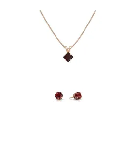 18K Rose Gold 3ct Garnet Square 18 Inch Necklace and Round Earrings Set Plated