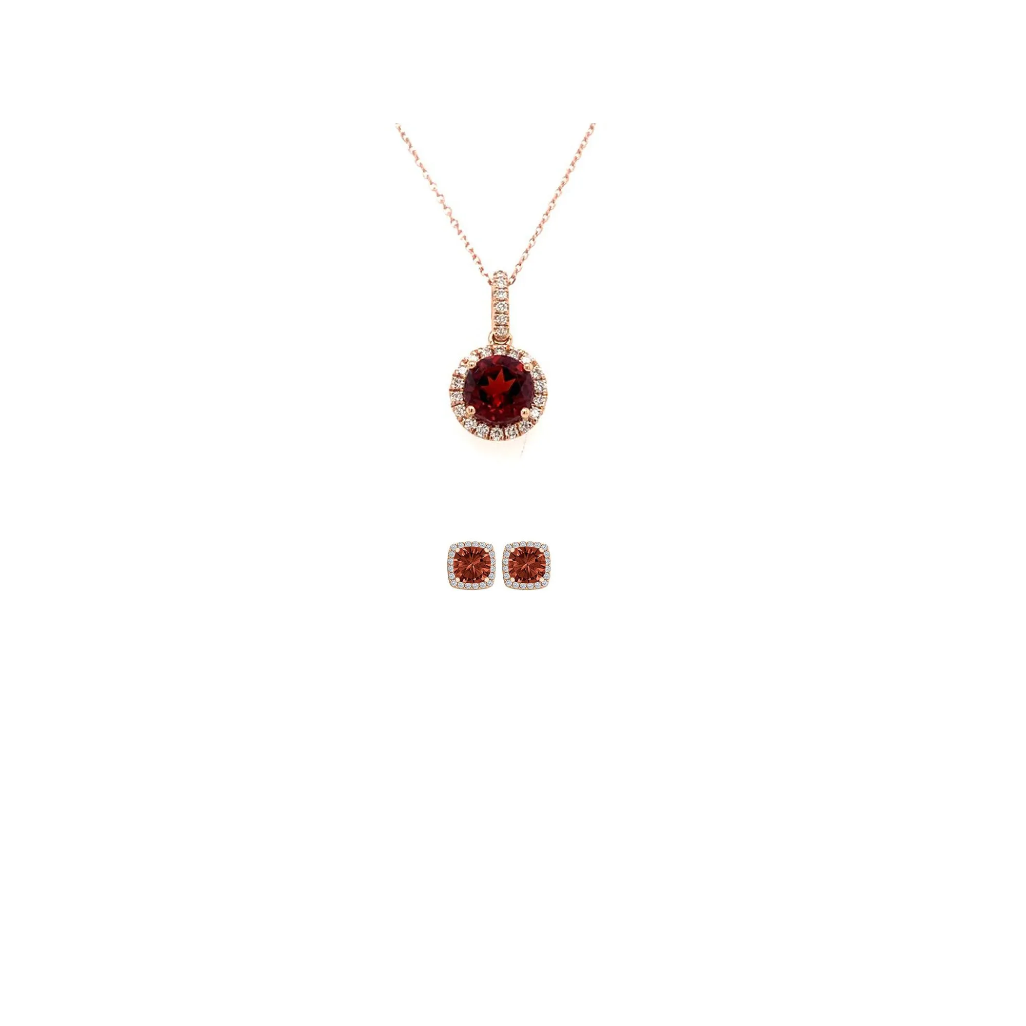 18K Rose Gold 4ct Halo Garnet Round 18 Inch Necklace and Halo Square Earrings Set Plated