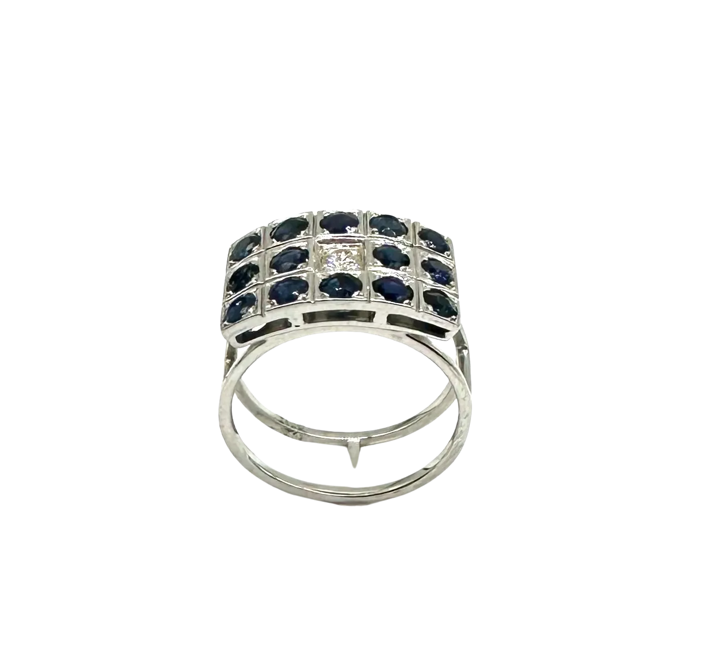 18k White Gold Ring with Round Sapphires and Diamond Center