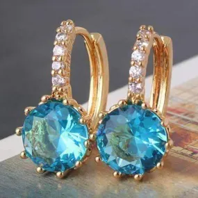 18K Yellow Gold Plated Blue Topaz CZ Solitaire Gold Plated Hoops For Woman