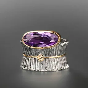 18K Yellow Gold-Plated Two-Tone Amethyst Wide Statement Ring