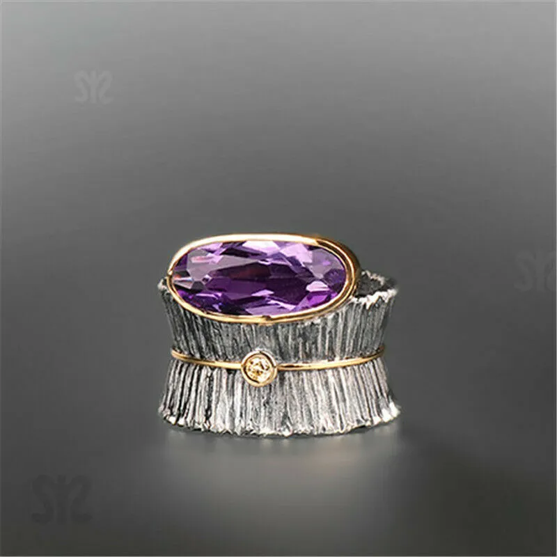 18K Yellow Gold-Plated Two-Tone Amethyst Wide Statement Ring