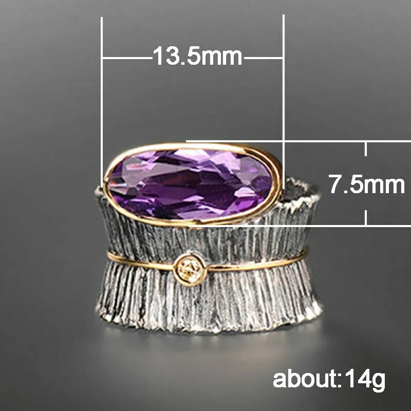 18K Yellow Gold-Plated Two-Tone Amethyst Wide Statement Ring