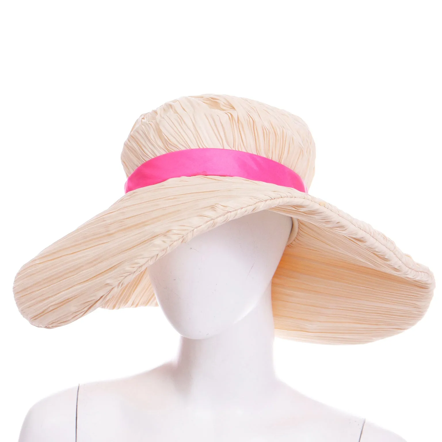 1960s Mr John Vintage Pleated Cream Floppy Hat with Pink Ribbon