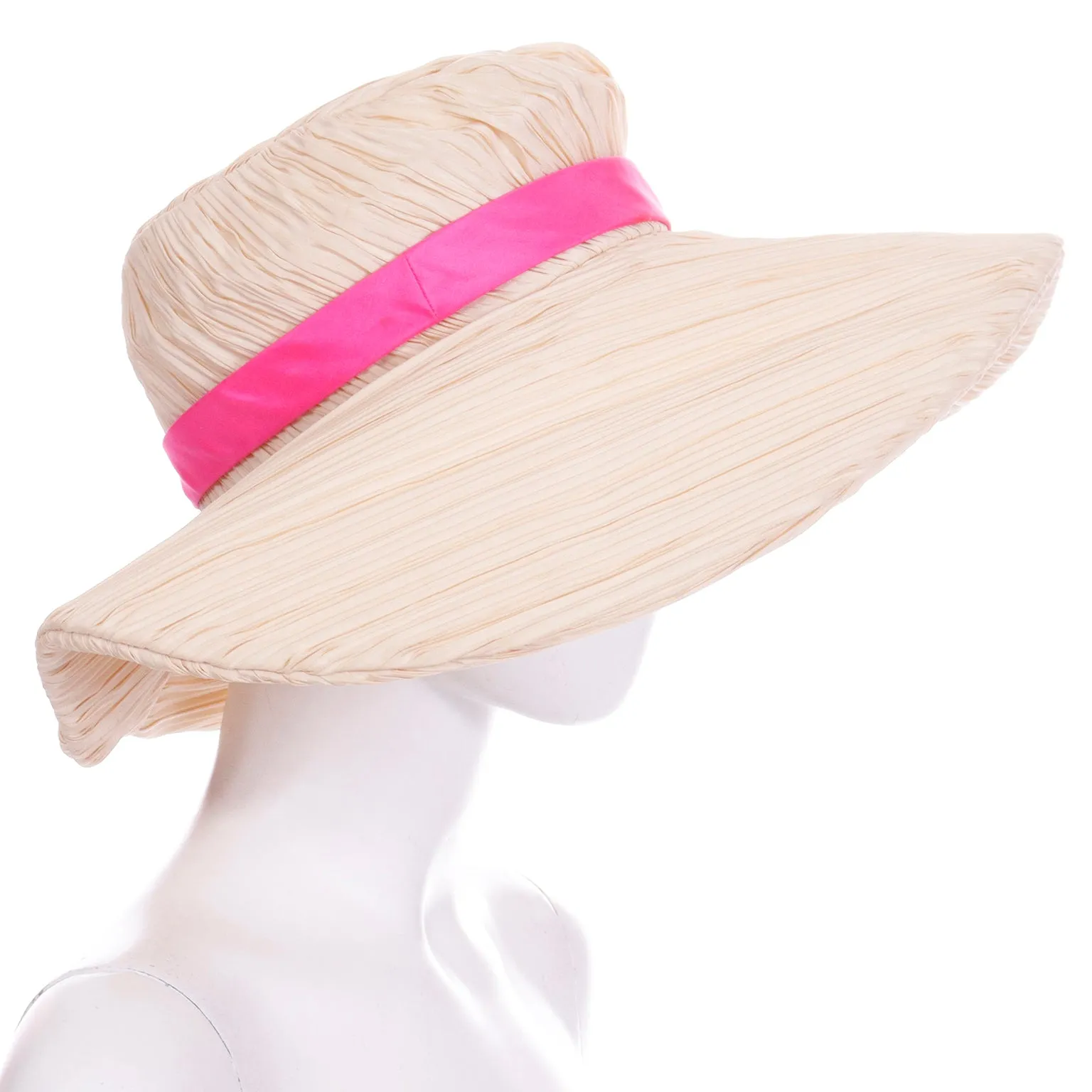 1960s Mr John Vintage Pleated Cream Floppy Hat with Pink Ribbon