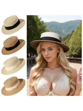 1pc Ladies Flat Top Hat With Three-Fold Belt, Fashionable Straw Hat, Beach Hat